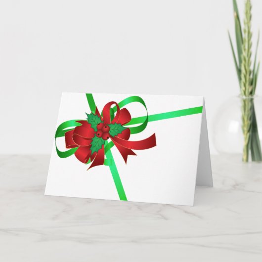 赤い弓緑のリボンのヒイラギの果実のブランクのクリスマス シーズンカード (正面)