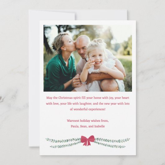赤い弓飾りのガーランドのメリークリスマスフォト シーズンカード (裏面)