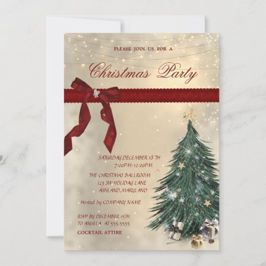 赤い弓、松の木、星のクリスマス企業のパーティー 招待状 (正面)