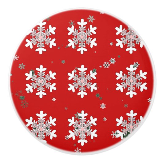 赤い引き出し取っ手のクリスマススノーフレーク セラミックノブ (正面)