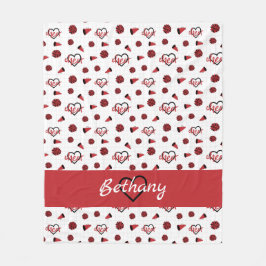 赤い応援ハート、ポンポン、メガフォンパターン フリースブランケット