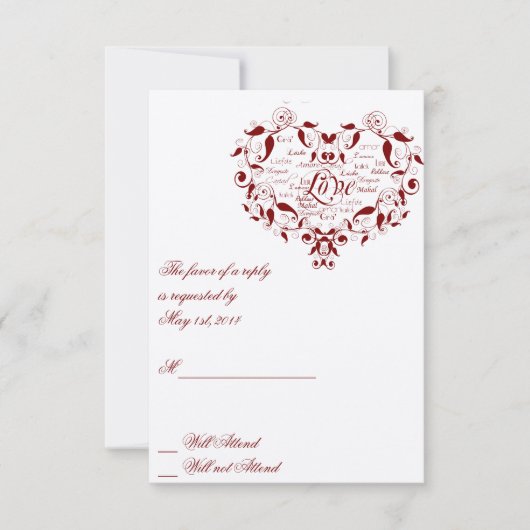 赤い応答カードのあらゆる言語で愛して下さい 出欠カード (正面)