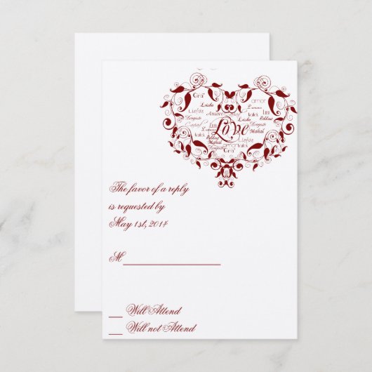 赤い応答カードのあらゆる言語で愛して下さい 出欠カード (正面/裏面)