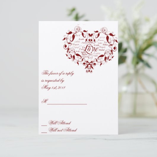 赤い応答カードのあらゆる言語で愛して下さい 出欠カード (スタンド正面)