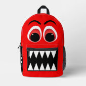赤い怪物、大きな目とギザギザの歯パーソナライズされた プリントバックパック (正面)
