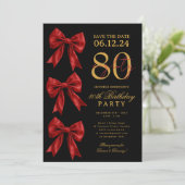 赤い恋するリボンの80歳の誕生日 ブラック 招待状 (スタンド正面)
