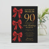 赤い恋するリボンの90歳の誕生日記念の保存日 ブラック 招待状 (スタンド正面)