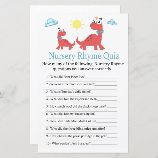 赤い恐竜の子供部屋韻クイズ赤ちゃんシャワーゲーム (正面/裏面)