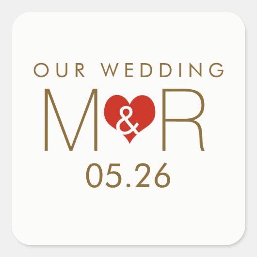 赤い愛のハートを持つ結婚イニシャル スクエアシール (正面)