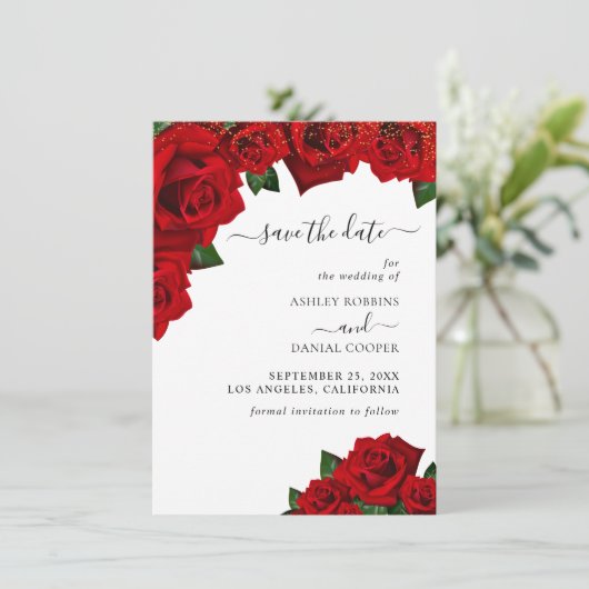 赤い愛のバラ日付を保存 招待状 (スタンド正面)