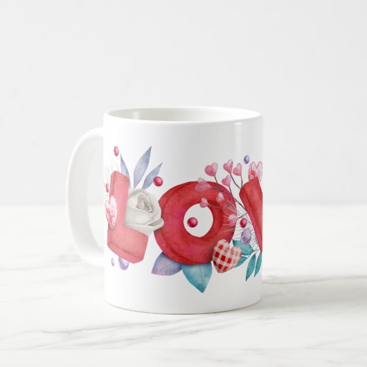 赤い愛の文字はっきりしたの文字水色 コーヒーマグカップ (正面左)