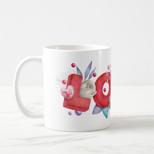 赤い愛の文字はっきりしたの文字水色 コーヒーマグカップ (左)