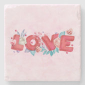 赤い愛の文字はっきりしたの文字水色 ストーンコースター (正面)