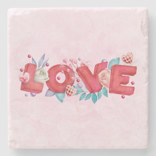 赤い愛の文字はっきりしたの文字水色 ストーンコースター (正面)