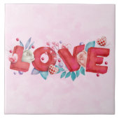 赤い愛の文字はっきりしたの文字水色 タイル (正面)