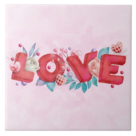 赤い愛の文字はっきりしたの文字水色 タイル (正面)