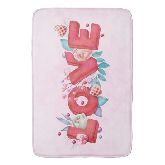 赤い愛の文字はっきりしたの文字水色 バスマット (正面縦)