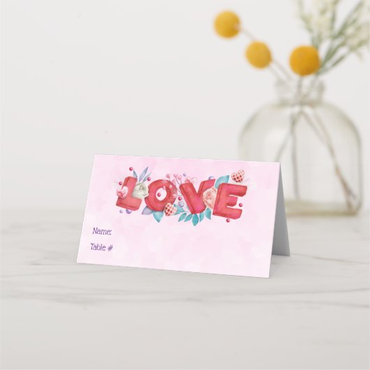 赤い愛の文字はっきりしたの文字水色 プレイスカード (正面)