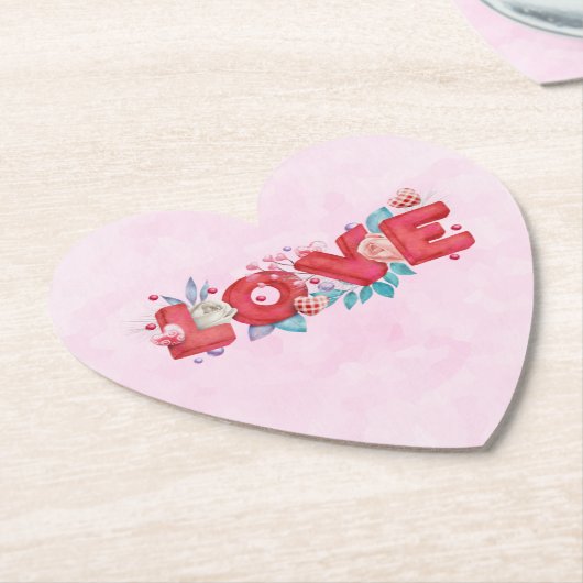 赤い愛の文字はっきりしたの文字水色 ペーパーコースター (アングル)