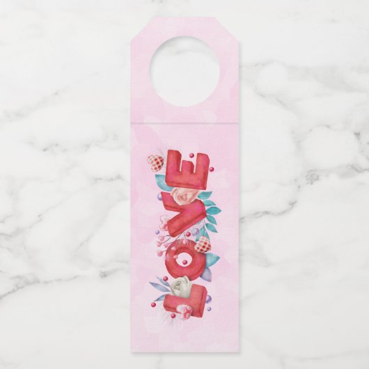 赤い愛の文字はっきりしたの文字水色 ボトルネックタグ (正面)