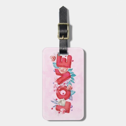 赤い愛の文字はっきりしたの文字水色 ラゲッジタグ (正面縦)