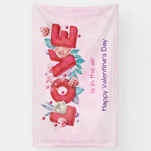 赤い愛の文字はっきりしたの文字水色 横断幕 (縦)