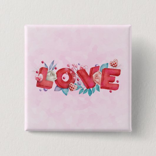 赤い愛の文字はっきりしたの文字水色 缶バッジ (正面)