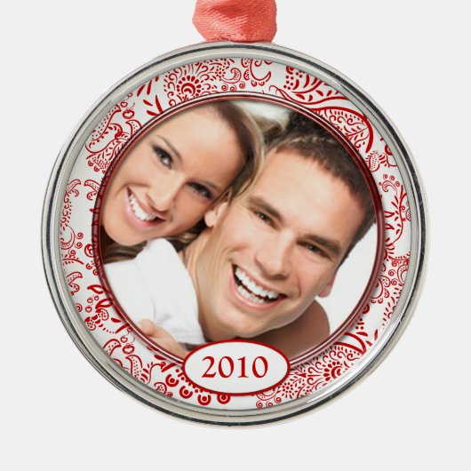赤い愛の鳥あなたの写真クリスマスオーナメント メタルオーナメント (正面)