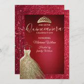 赤い愛らしい金ゴールドシークンズドレスティアラ・キンセアニラ 招待状 (正面/裏面)