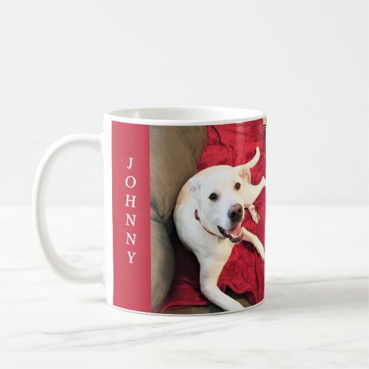 赤い愛を笑顔でかわいい白い子犬の写真 コーヒーマグカップ (左)