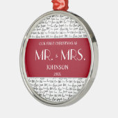 赤い我々の初めてのクリスマスミスターとミセス・カスタムが新婚 メタルオーナメント (左)