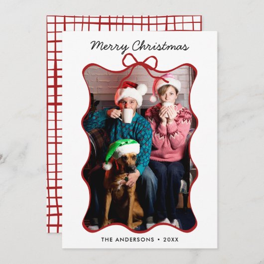 赤い手お洒落引き波の弓フレームクリスマス シーズンカード (正面/裏面)