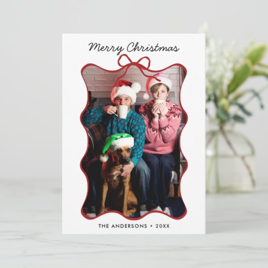 赤い手お洒落引き波の弓フレームクリスマス シーズンカード (スタンド正面)