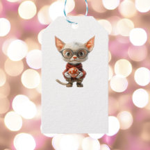 赤い手のクリスマスキャット白い贈り物ラベル