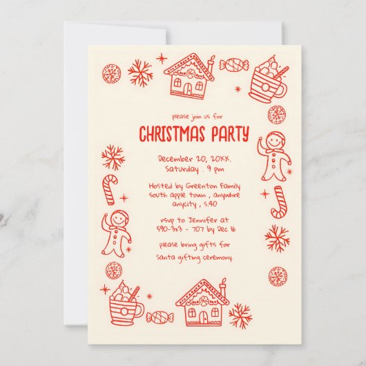 赤い手よくはしゃぐ描きドードルクリスマお洒落ス 招待状 (正面)