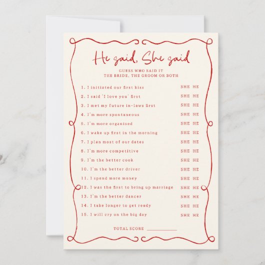 赤い手を引いた彼は彼女はブライダルシャワーカードと言った 招待状 (正面)