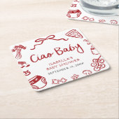 赤い手イタリアン引きピザチャオベビー赤ちゃんシャワー スクエアペーパーコースター (アングル)