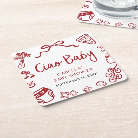 赤い手イタリアン引きピザチャオベビー赤ちゃんシャワー スクエアペーパーコースター (アングル)