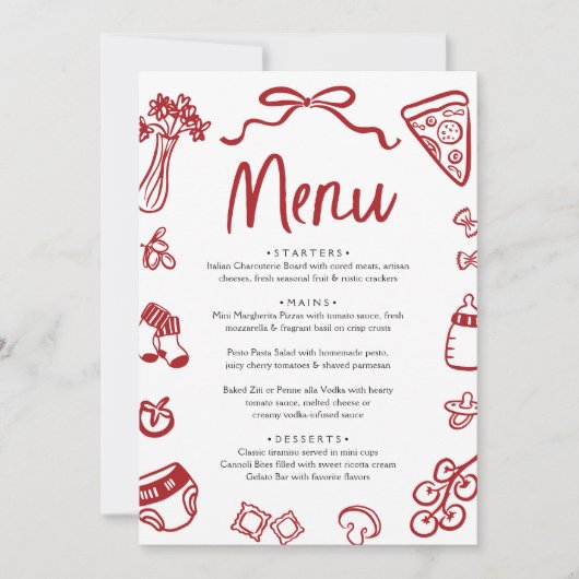 赤い手イタリアン引きピザ赤ちゃんシャワーメニュー 招待状 (正面)
