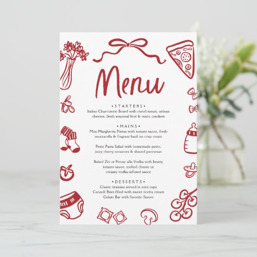 赤い手イタリアン引きピザ赤ちゃんシャワーメニュー 招待状 (スタンド正面)