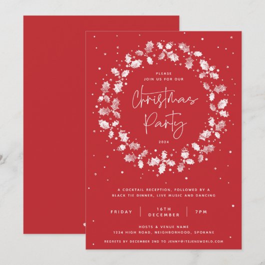 赤い手刷りのホリーデコレーション クリスマスパーティー 招待状 (正面/裏面)