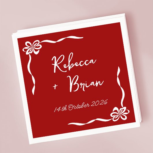 赤い手描きリボンのスケッチ結婚の スタンダードカクテルナプキン