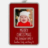 赤い手書きの休日の写真の年間記念 シルバープレートフレームオーナメント (正面)