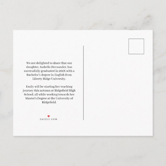 赤い手書きの卒業発表はがき 案内ポストカード (裏面)