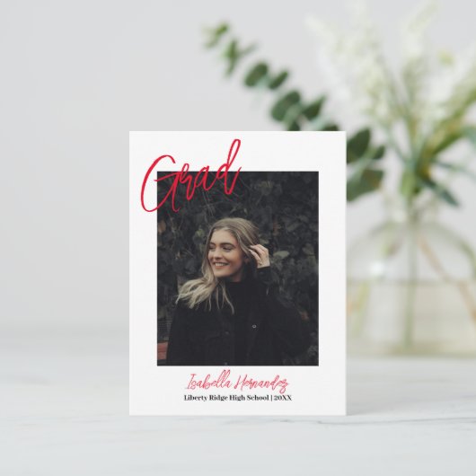 赤い手書きの卒業発表はがき 案内ポストカード (スタンド正面)