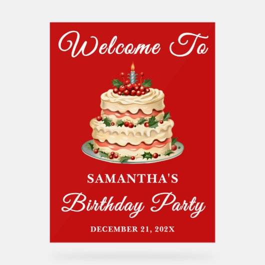 赤い手書きスクリプトクリスマス誕生日へようこそ アクリルサイン (正面)
