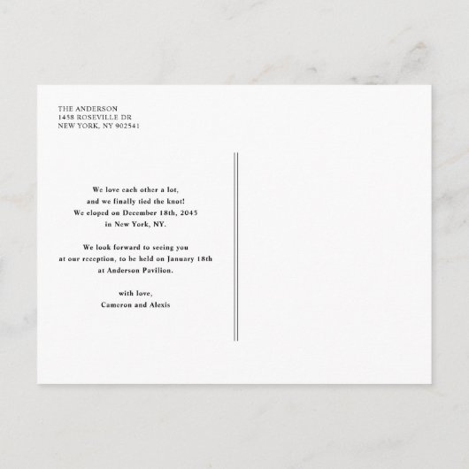 赤い手書きタイポグラフィたった今結婚しました写真 案内ポストカード (裏面)