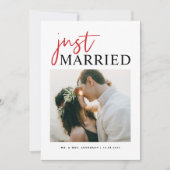 赤い手書きタイポグラフィたった今結婚しました写真 案内状 (正面)