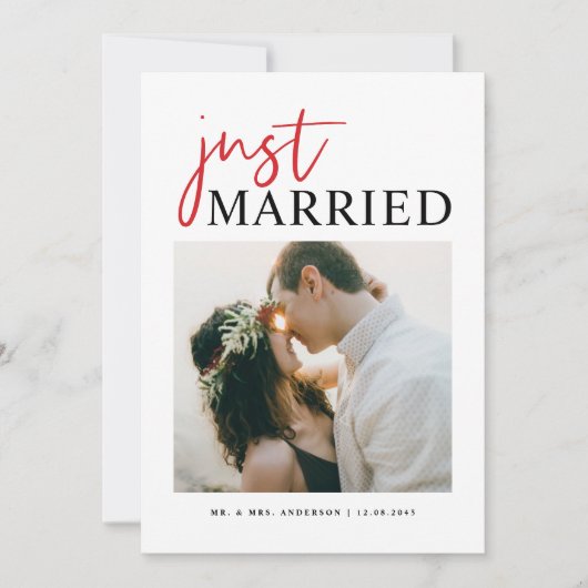 赤い手書きタイポグラフィたった今結婚しました写真 案内状 (正面)