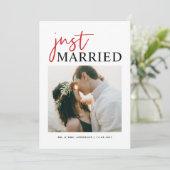 赤い手書きタイポグラフィたった今結婚しました写真 案内状 (スタンド正面)